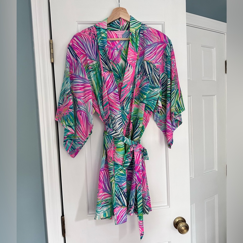 Lilly Pulitzer Palm Beach Silk Robe Scarlet Macaw XXS/XS
